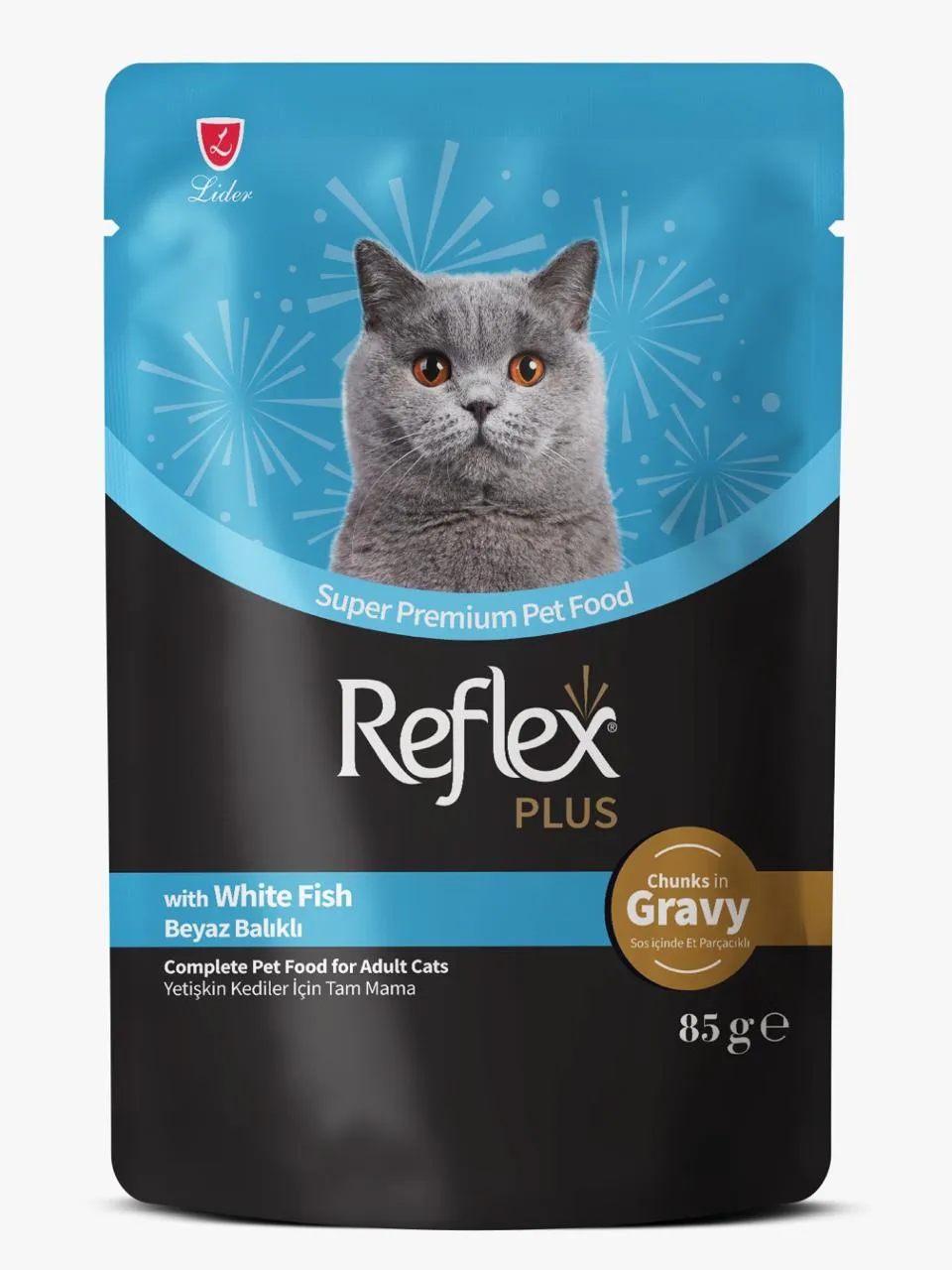 Reflex Plus Adult Cat Wet Food  with White Fish Chunks in gravy 85gm