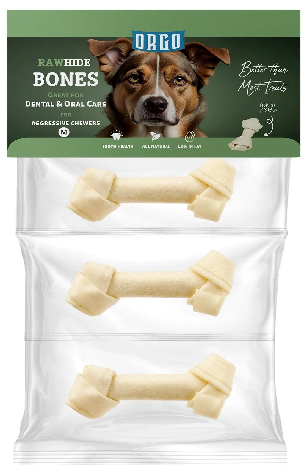 Orgo Rawhide Knotted Bones - 3 PCs - Medium